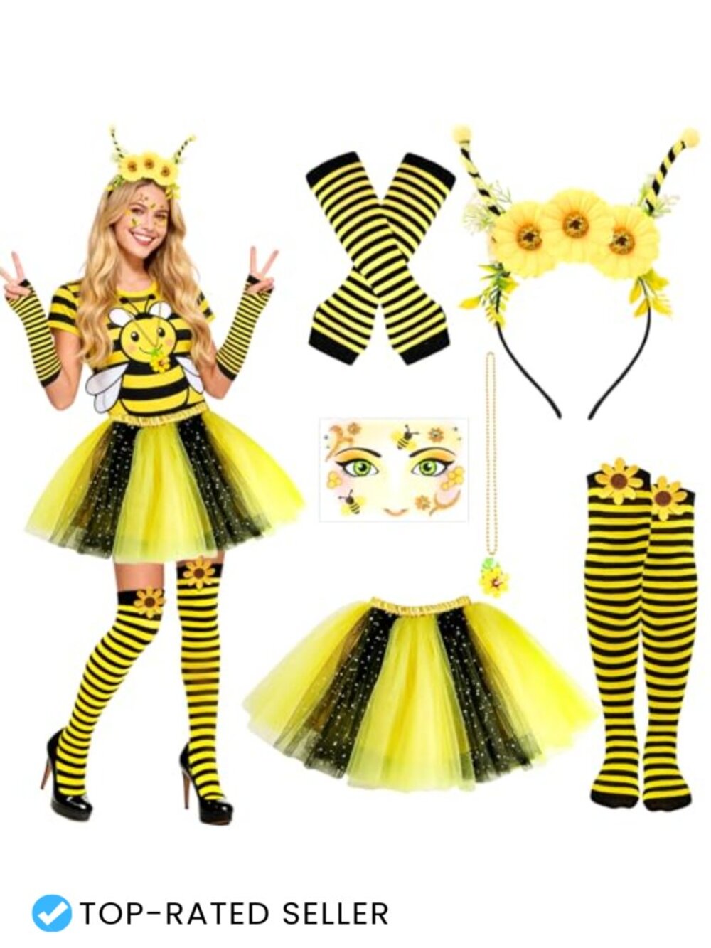 Bee Costume Set Tutu Headband Necklace Socks Gloves Halloween Party